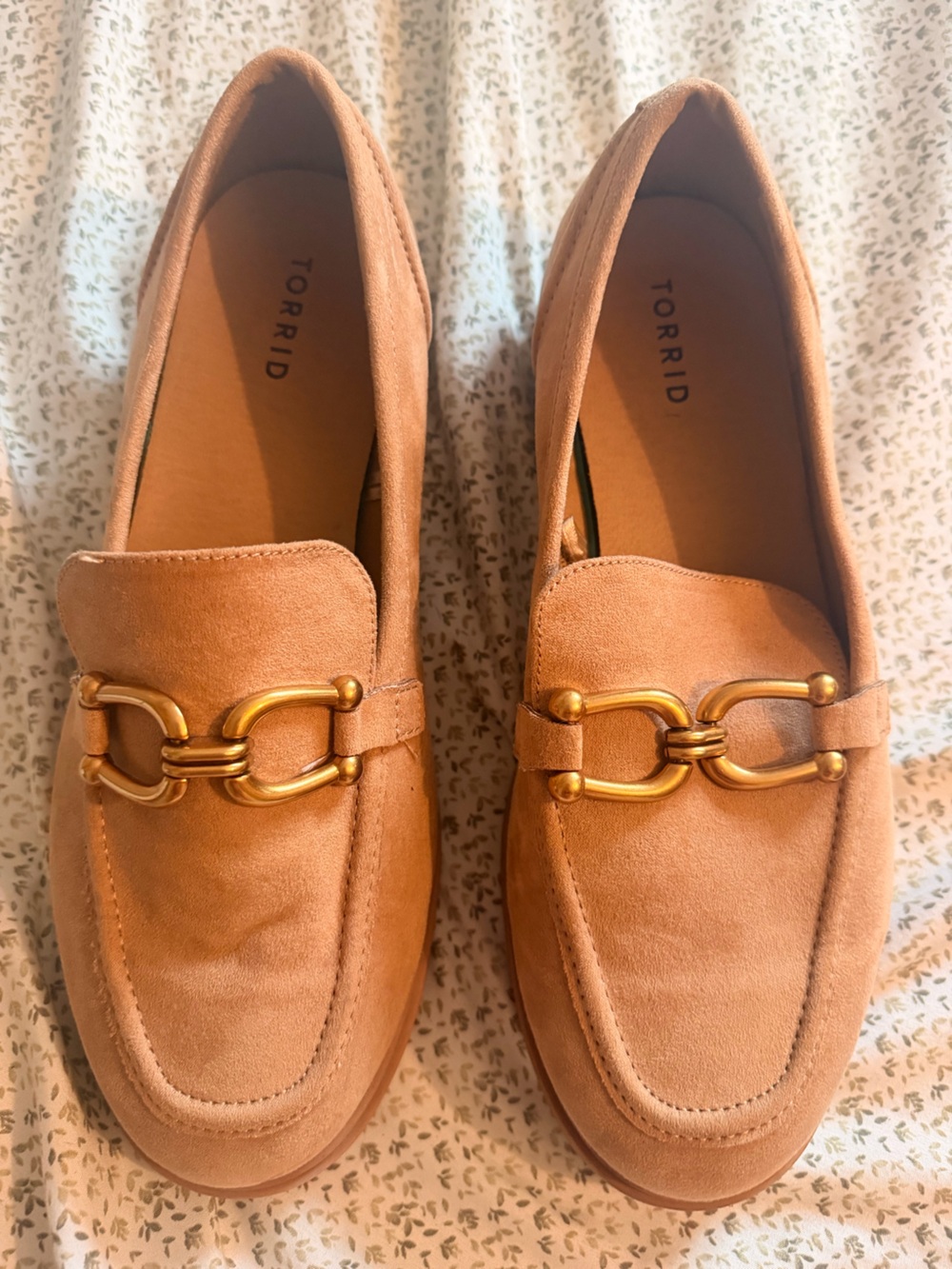 torrid Tan Suede Loafers with Gold Buckle Accent